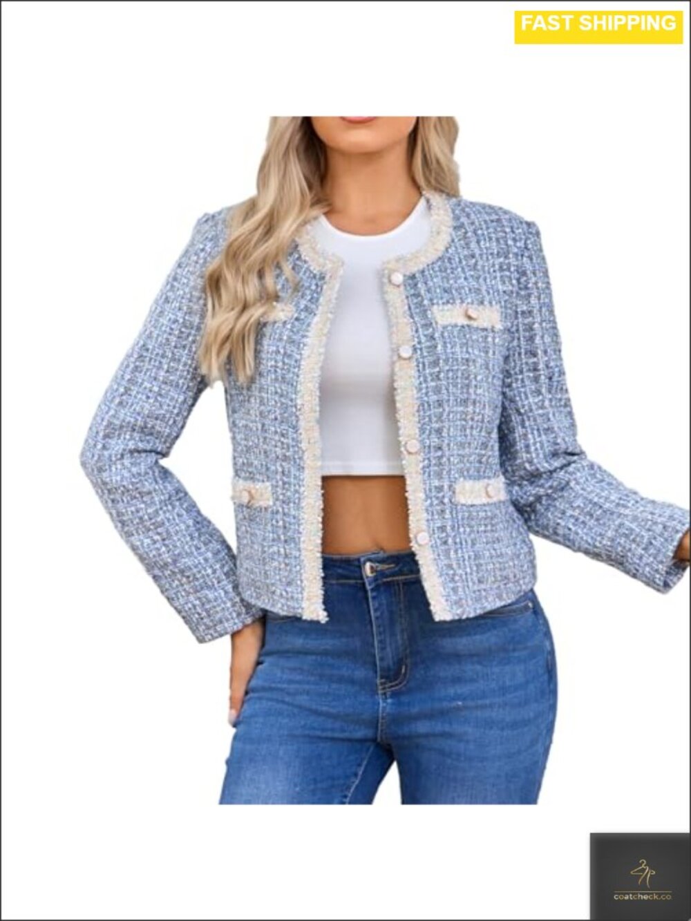 Women's Cropped Tweed Blazer Crewneck Open Front Lace Trim Lightweight Plaid